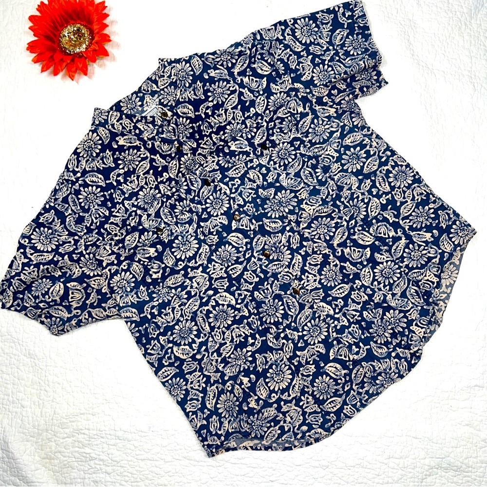 Russ Original Sport Company Women's Blue Floral Lightweight Blouse Top; L